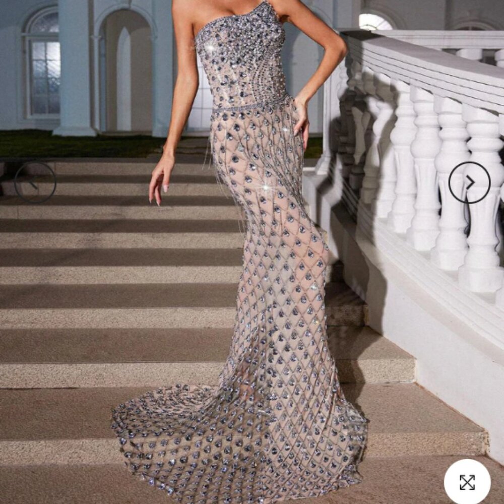 Mew Mews - Sean Strapless Rhinestone Mesh Maxi Dress